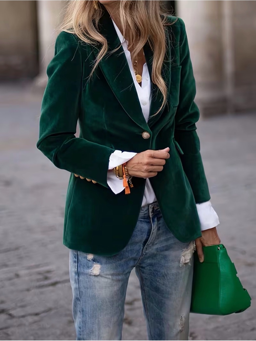 SHEIN Deep Green Velvet Single-Button Blazer